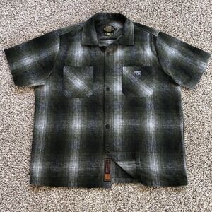 FB County Flannel Shirt Mens Large Green Plaid Wool Blend Button-Up Short Sleeve